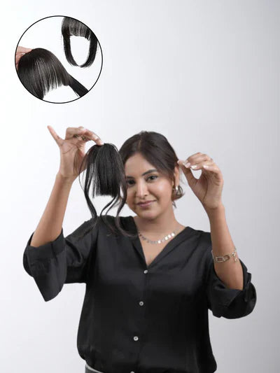 A woman with voluminous, silky front hair extensions styled to perfection, enhancing her natural beauty with a seamless and glamorous look