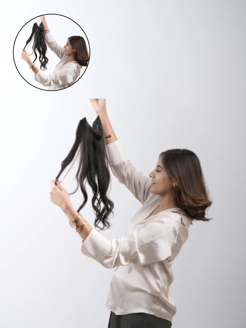 Illustration of a stylist creating a layered haircut on long, thin Indian hair, showcasing volume and texture, perfect for natural hair or 100% human Remy extensions